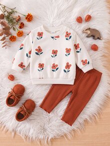 SHEIN 新生兒花卉印花長袖衛衣與長褲套裝 - 橘色 - 查看 4