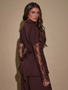 SHEIN BAE Women's Lapel Neck Contrast Lace Cuff Pleated Design Elegant Blazer - Brown - View 2