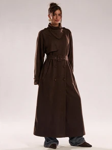 SHEIN BAE Women's Solid Color Raglan Long Sleeve Double-Breasted Casual Trench Coat Jacket - Brown - View 3