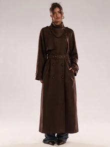 SHEIN BAE Women's Solid Color Raglan Long Sleeve Double-Breasted Casual Trench Coat Jacket - Brown - View 1