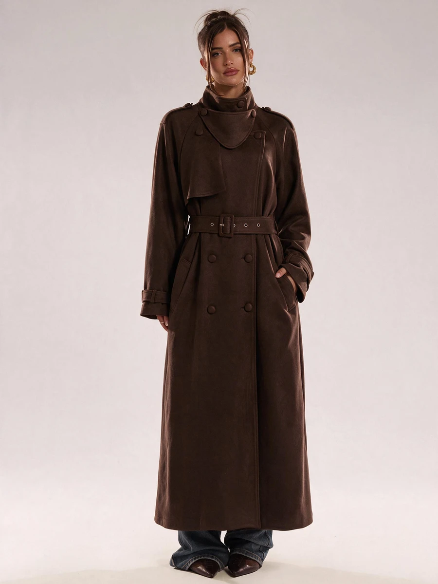 SHEIN BAE Women's Solid Color Raglan Long Sleeve Double-Breasted Casual Trench Coat Jacket - Brown - View 1