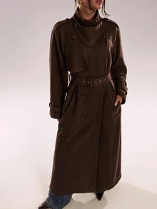 SHEIN BAE Women's Solid Color Raglan Long Sleeve Double-Breasted Casual Trench Coat Jacket - Brown - View 4