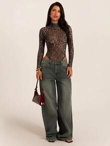 SHEIN BAE Women's Sheer Leopard Print Long Sleeve Bodysuit - Khaki - View 3