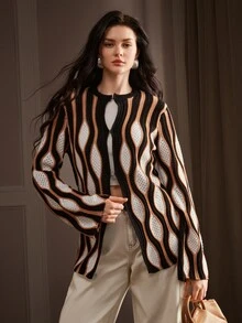 Anewsta Black, White, Brown Color Block Geometric Pattern Women's Long Sleeve Knit Cardigan - Black - View 2