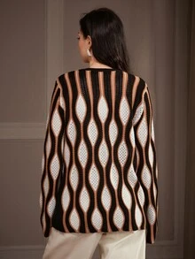 Anewsta Black, White, Brown Color Block Geometric Pattern Women's Long Sleeve Knit Cardigan - Black - View 5
