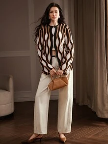 Anewsta Black, White, Brown Color Block Geometric Pattern Women's Long Sleeve Knit Cardigan - Black - View 4