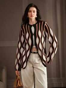 Anewsta Black, White, Brown Color Block Geometric Pattern Women's Long Sleeve Knit Cardigan - Black - View 3
