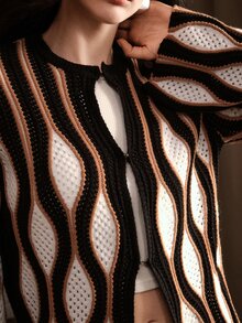 Anewsta Black, White, Brown Color Block Geometric Pattern Women's Long Sleeve Knit Cardigan - Black - View 1