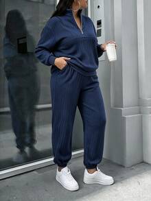 Easura Plus Size Women's Autumn/Winter Stand Collar Zipper Drop Shoulder Ribbed Knit Casual Everyday Set - Navy Blue - View 4