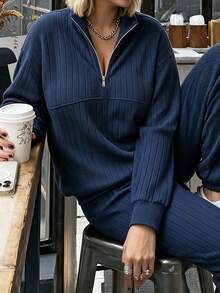 Easura Plus Size Women's Autumn/Winter Stand Collar Zipper Drop Shoulder Ribbed Knit Casual Everyday Set - Navy Blue - View 3
