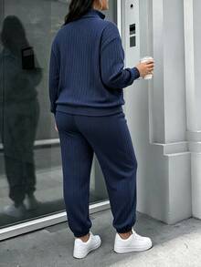 Easura Plus Size Women's Autumn/Winter Stand Collar Zipper Drop Shoulder Ribbed Knit Casual Everyday Set - Navy Blue - View 2