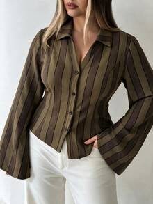 Elenzga Plus Size Women's Autumn/Winter Cinched Waist Cutout Collar Flared Sleeve Colorful Striped Print Elegant Commuter Blouse - Multicolor - View 2