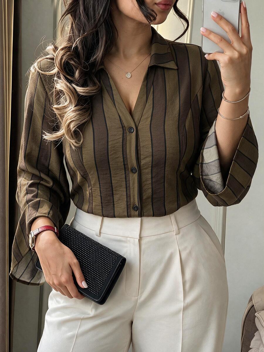 Elenzga Plus Size Women's Autumn/Winter Cinched Waist Cutout Collar Flared Sleeve Colorful Striped Print Elegant Commuter Blouse - Multicolor - View 1