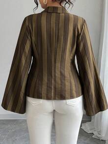 Elenzga Plus Size Women's Autumn/Winter Cinched Waist Cutout Collar Flared Sleeve Colorful Striped Print Elegant Commuter Blouse - Multicolor - View 4