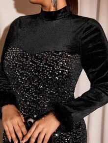 Cravure Plus Size Women's Autumn/Winter Fashion Elegant Exquisite Party High Neck Long Sleeve Patchwork Sequin Shiny 2 In 1 Bodycon Dress Fall - Black - View 5