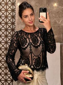 Cravure Plus Size Women Autumn/Winter Asymmetrical Lace Contrast Color Elegant Party & Casual Blouse Fall - Black - View 1