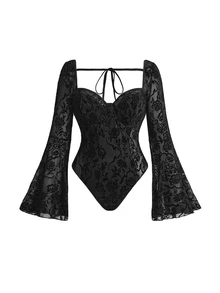 ROMWE Goth Plus Size Women's Lace Sexy Versatile Everyday Outing Bodysuit - Black - View 3