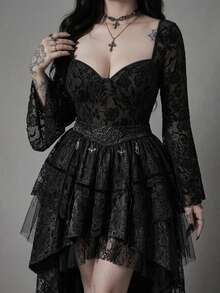 ROMWE Goth Plus Size Women's Lace Sexy Versatile Everyday Outing Bodysuit - Black - View 2
