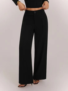 SHEIN PETITE High Waist Black Comfy Straight Leg Pants - Black - View 4