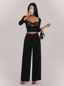 SHEIN PETITE High Waist Black Comfy Straight Leg Pants - Black - View 7