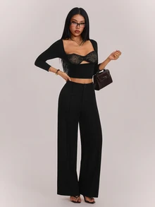 SHEIN PETITE High Waist Black Comfy Straight Leg Pants - Black - View 6
