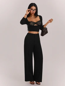 SHEIN PETITE High Waist Black Comfy Straight Leg Pants - Black - View 5