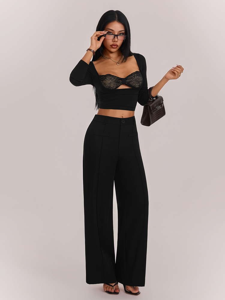 SHEIN PETITE 高腰黑色舒適直筒長褲 - 黑色 - 查看 5
