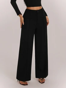 SHEIN PETITE High Waist Black Comfy Straight Leg Pants - Black - View 1
