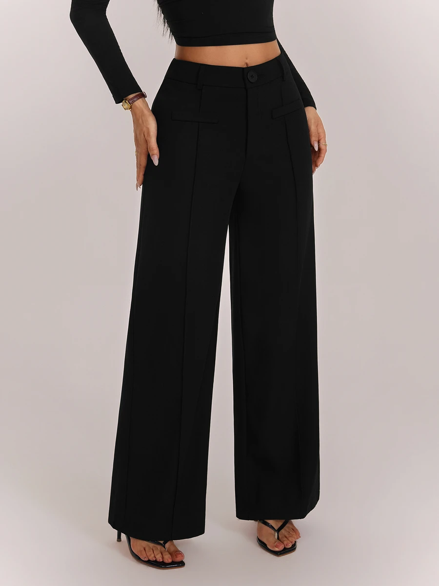 SHEIN PETITE High Waist Black Comfy Straight Leg Pants - Black - View 1