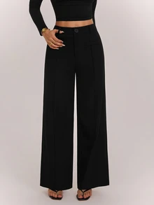 SHEIN PETITE High Waist Black Comfy Straight Leg Pants - Black - View 3