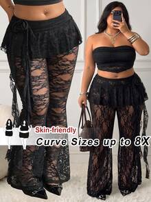SHEIN CURVE+ Plus Size 22W Autumn/Winter New Lace Sheer 3D Floral Ribbon Decor Pleated Skirt/Flared Pants, Elegant Commute Style For Halloween Holiday, Suitable For 5XL Women - Black - View 1