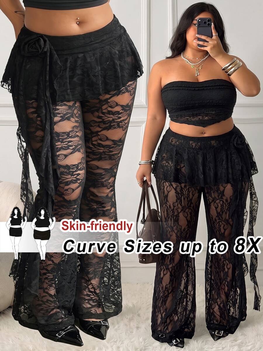 SHEIN CURVE+ Plus Size 22W Autumn/Winter New Lace Sheer 3D Floral Ribbon Decor Pleated Skirt/Flared Pants, Elegant Commute Style For Halloween Holiday, Suitable For 5XL Women - Black - View 1