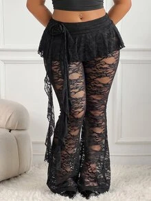 SHEIN CURVE+ Plus Size 22W Autumn/Winter New Lace Sheer 3D Floral Ribbon Decor Pleated Skirt/Flared Pants, Elegant Commute Style For Halloween Holiday, Suitable For 5XL Women - Black - View 4