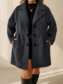 SHEIN CURVE+ Plus Size Women's Solid Color Contrast Button Mid-Length Coat, Overcoat, Overcoat - Dark Grey - View 5