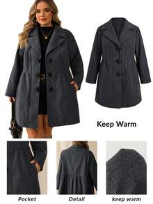 SHEIN CURVE+ Plus Size Women's Solid Color Contrast Button Mid-Length Coat, Overcoat, Overcoat - Dark Grey - View 1