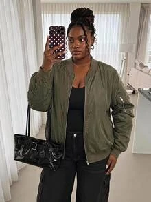 SHEIN CURVE+ Plus Size Women's New Fashion Business Casual Long Sleeve Jacket, Suitable For Commuting, Green Flight Jacket Fall - Green - View 3