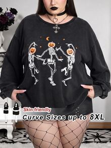 SHEIN CURVE+ 大尺碼女款萬聖節圖案寬鬆休閒運動衫 - 深灰色 - 查看 10