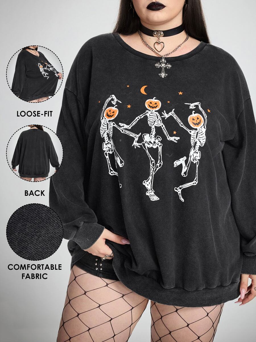 SHEIN CURVE+ 大尺碼女款萬聖節圖案寬鬆休閒運動衫