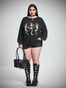 SHEIN CURVE+ 大尺碼女款萬聖節圖案寬鬆休閒運動衫 - 深灰色 - 查看 8