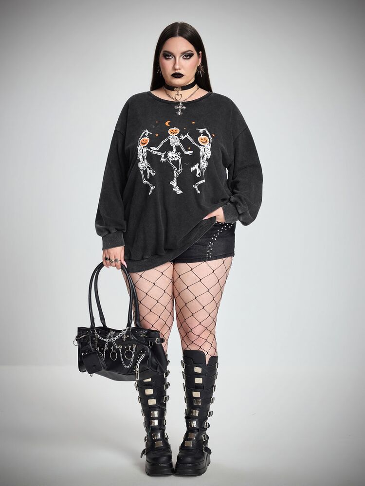 SHEIN CURVE+ Plus Size Women's Halloween Graphic Loose Casual Sweatshirt Fall - Dark Grey - View 7