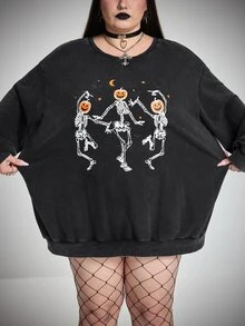 SHEIN CURVE+ 大尺碼女款萬聖節圖案寬鬆休閒運動衫 - 深灰色 - 查看 4