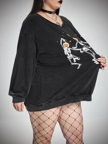 SHEIN CURVE+ 大尺碼女款萬聖節圖案寬鬆休閒運動衫 - 深灰色 - 查看 5