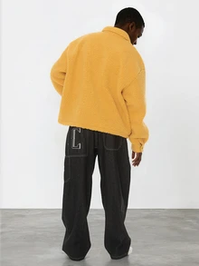 FORM&CHAOS Men's Autumn/Winter Fleece Zip-Up Turn-Down Collar Mustard Yellow Jacket Vacation Rave Streetwear - Yellow - View 2