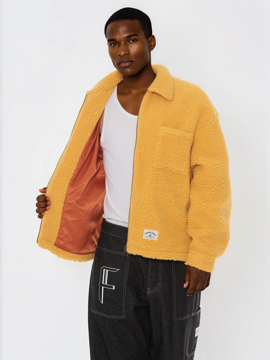 FORM&CHAOS Men's Autumn/Winter Fleece Zip-Up Turn-Down Collar Mustard Yellow Jacket Vacation Rave Streetwear - Yellow - View 1