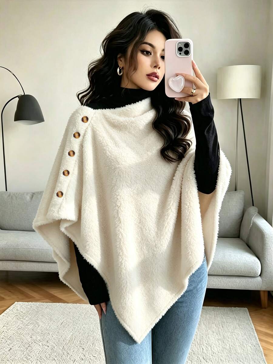 SHEIN Elenzya Knit Plush Asymmetric Hemline With Decorative Buttons, Elegant Casual Versatile Regular Fit Jacket For Women, Suitable For Commute Everyday Beige Fall - Beige - View 1