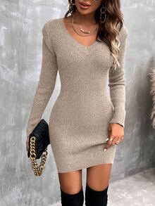 SHEIN Clasi Vestido de punto de cuello V tejido de canalé - Camel - Ver 7