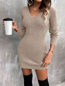 SHEIN Clasi Vestido de punto de cuello V tejido de canalé - Camel - Ver 4