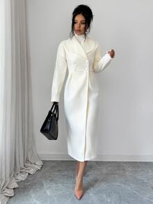 Elenzga 優雅休閒米白色落肩長袖雙排扣長版大衣，適合辦公、晚餐、秋季、聖誕、新年 - 杏色 - 查看 4