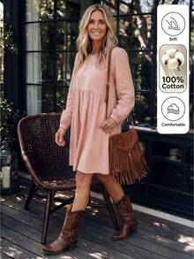 LanaWest Women's Casual Loose A-Line Lantern Sleeve Dress With Back Button Design, Suitable For Daily Wear, Vacation And Dating Occasions - Dusty Pink - View 5