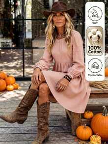 LanaWest Women's Casual Loose A-Line Lantern Sleeve Dress With Back Button Design, Suitable For Daily Wear, Vacation And Dating Occasions - Dusty Pink - View 1